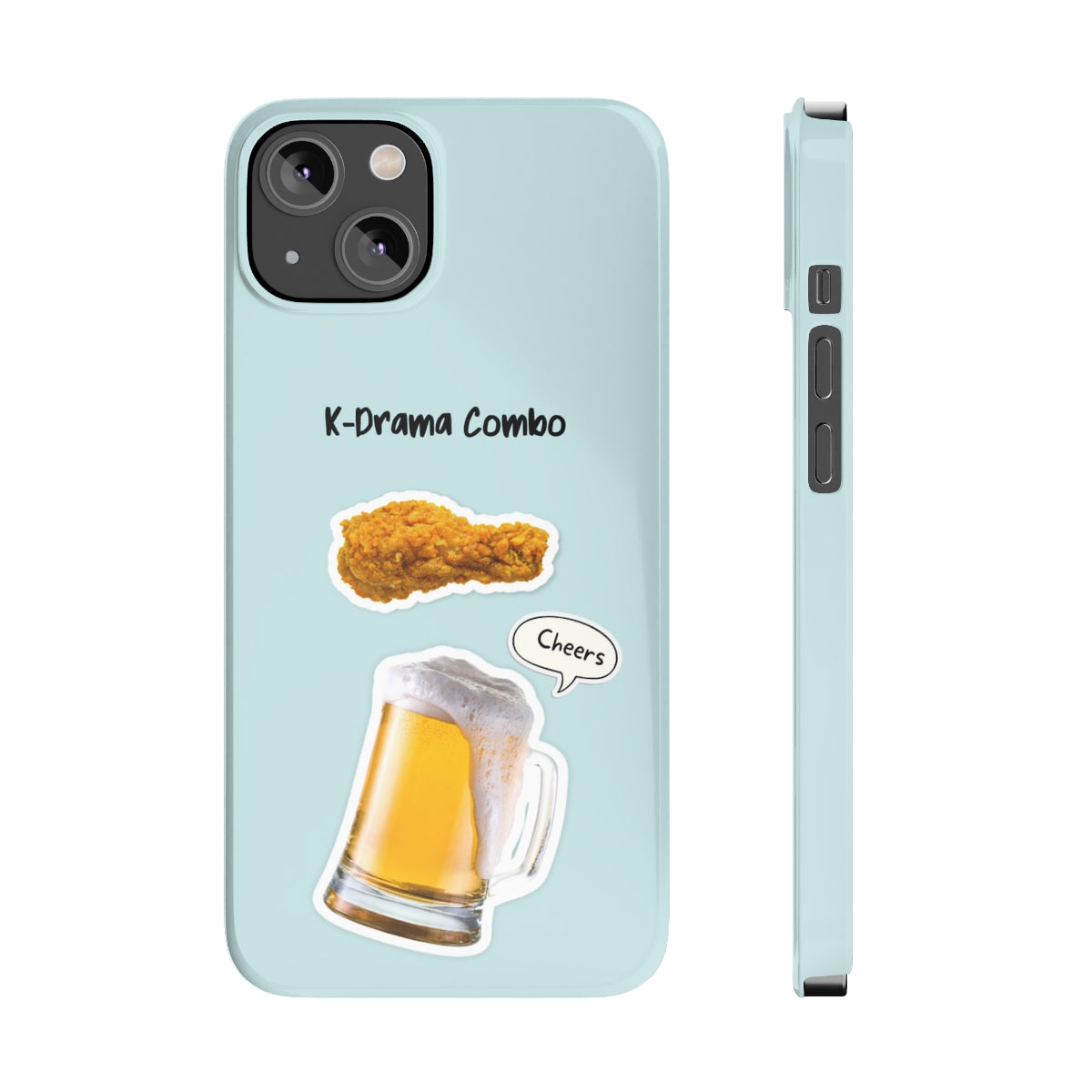 Fried Chicken and Beer Slim Case for iPhone 14, showcasing a glossy finish and slim design with vibrant graphics.