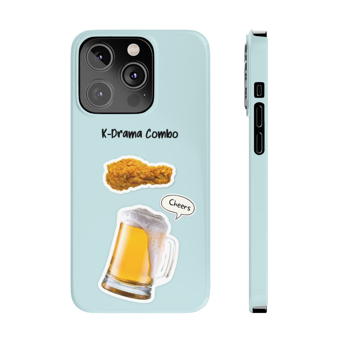 Fried Chicken and Beer Slim Case for iPhone 14, showcasing a glossy finish and slim design with vibrant graphics.