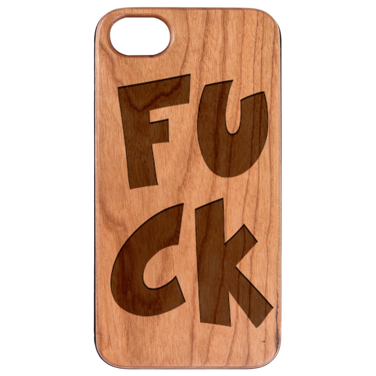 Fuck Engraved wooden phone case showcasing unique laser-engraved design and natural wood finish.