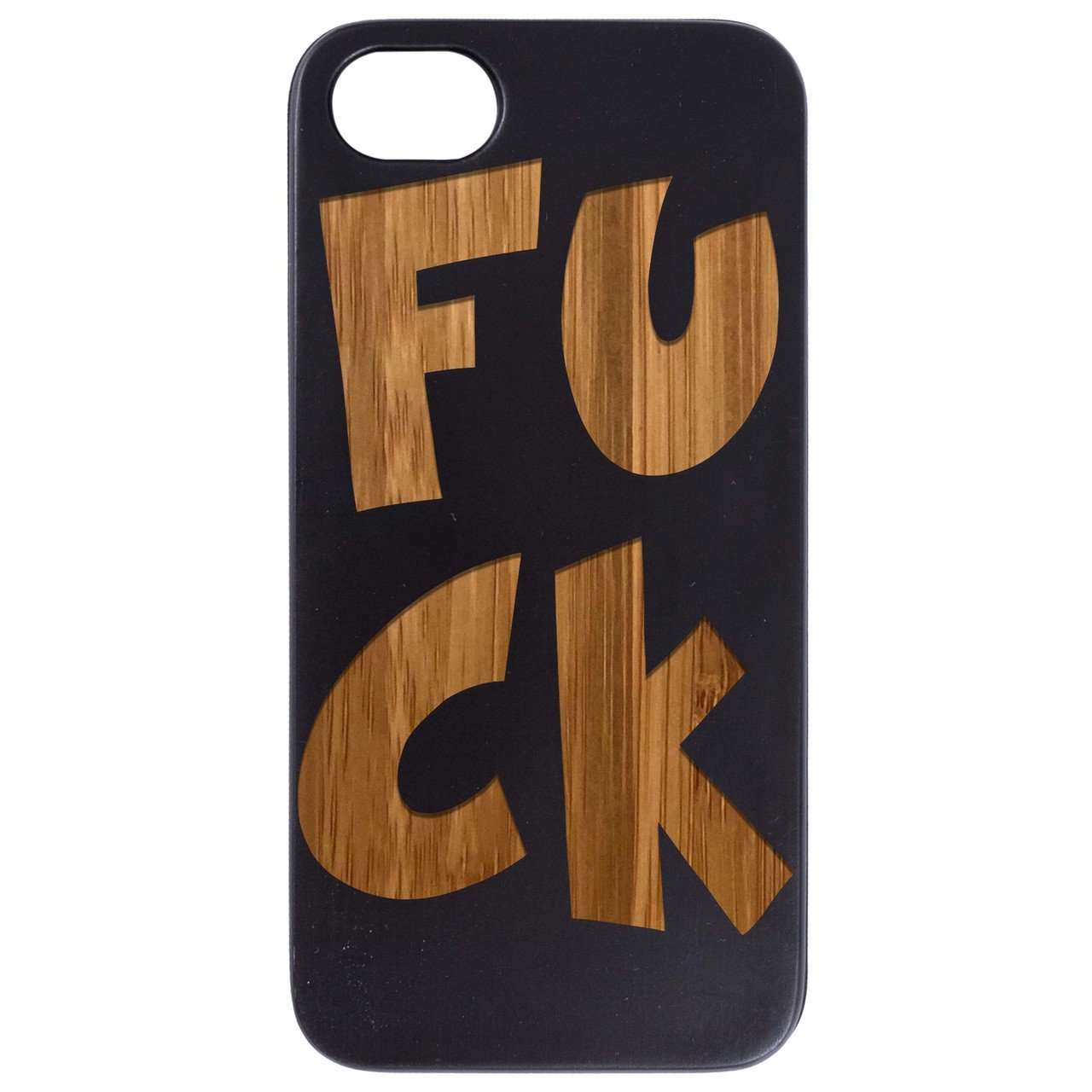 Fuck Engraved wooden phone case showcasing unique laser-engraved design and natural wood finish.