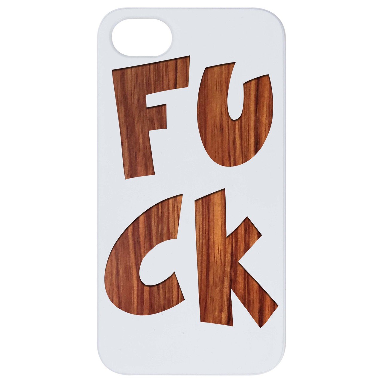 Fuck Engraved wooden phone case showcasing unique laser-engraved design and natural wood finish.