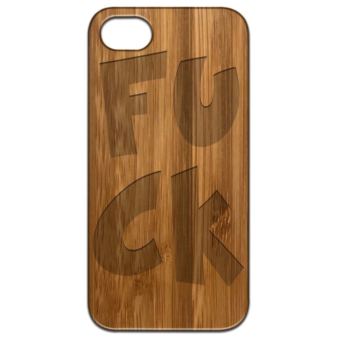 Fuck Engraved wooden phone case showcasing unique laser-engraved design and natural wood finish.