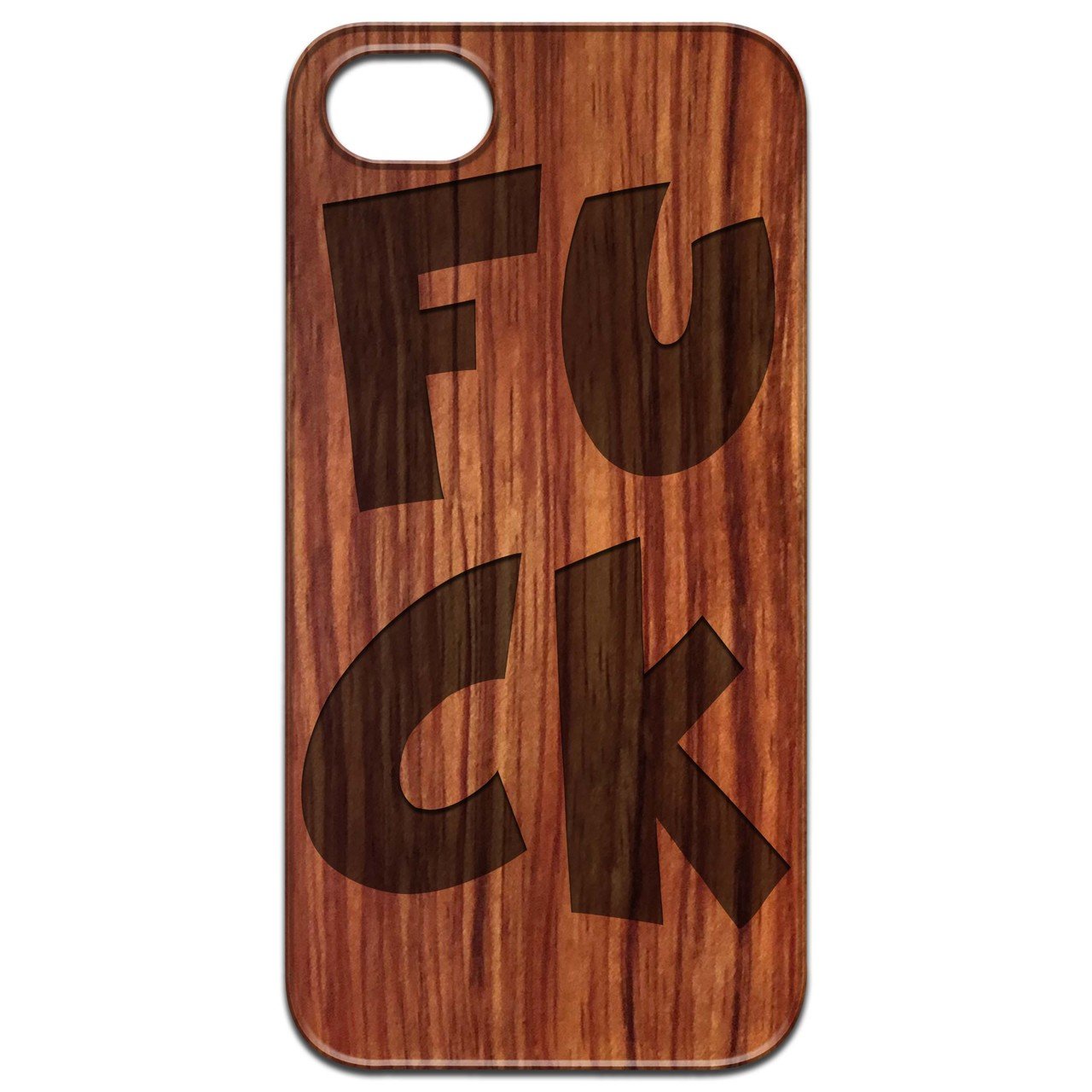 Fuck Engraved wooden phone case showcasing unique laser-engraved design and natural wood finish.