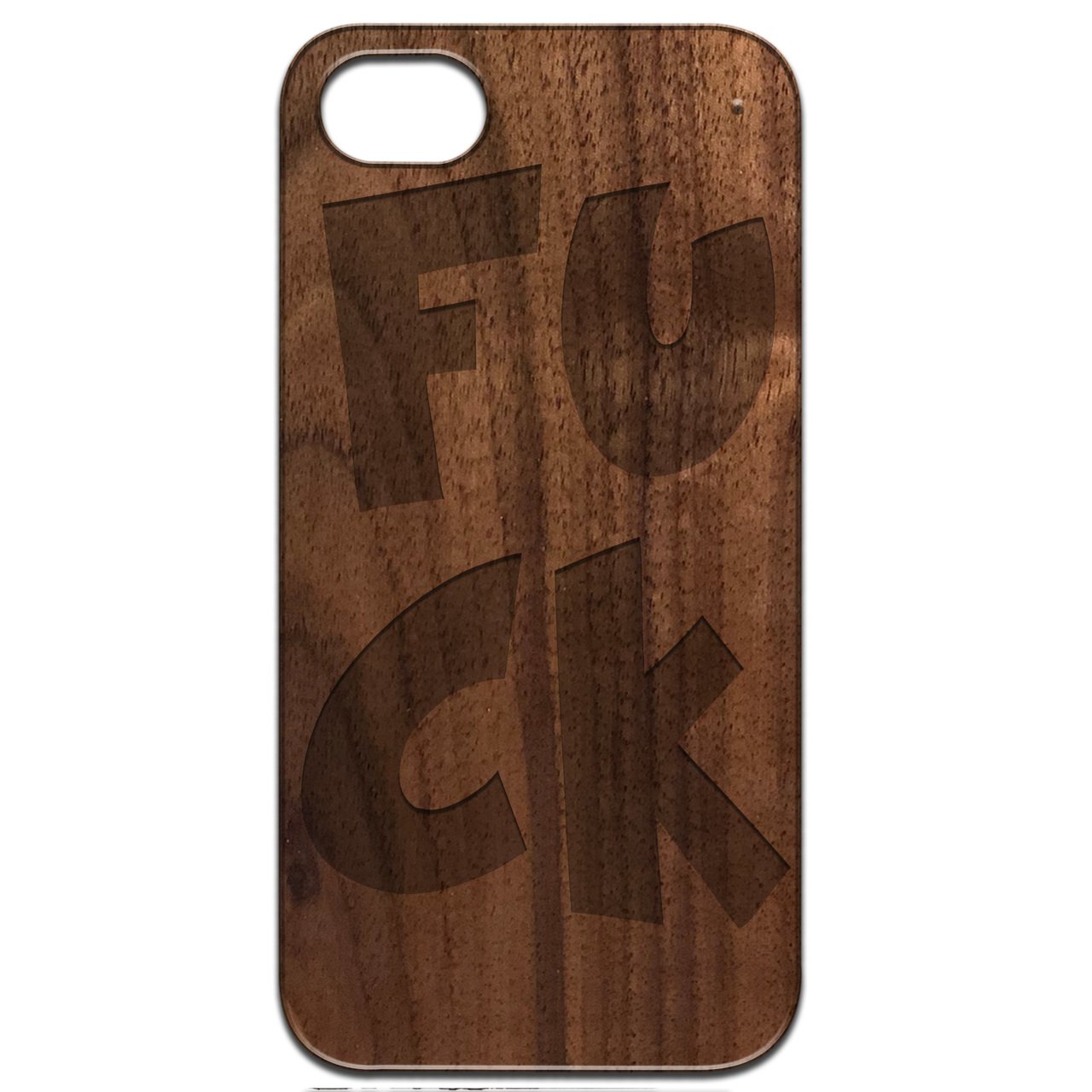 Fuck Engraved wooden phone case showcasing unique laser-engraved design and natural wood finish.