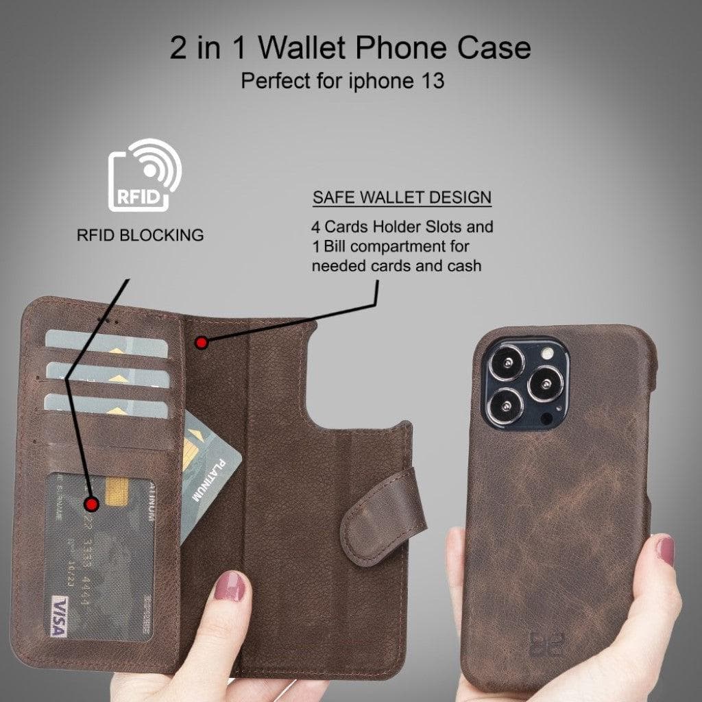 Full Leather Coating Detachable Wallet Case for Apple iPhone 13 Series, showcasing premium leather finish and detachable wallet functionality.