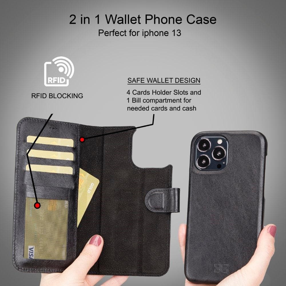 Full Leather Coating Detachable Wallet Case for Apple iPhone 13 Series, showcasing premium leather finish and detachable wallet functionality.