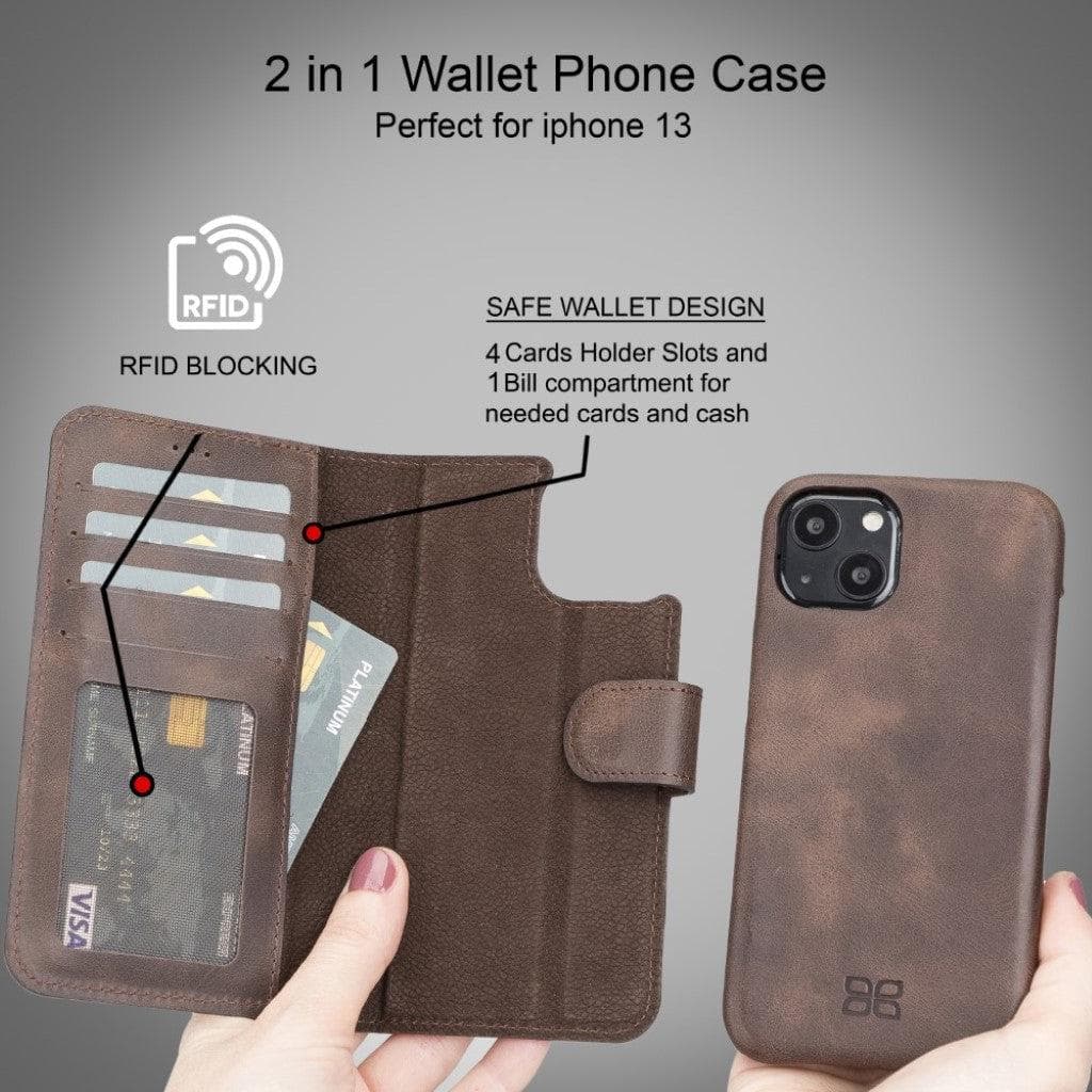 Full Leather Coating Detachable Wallet Case for Apple iPhone 13 Series, showcasing premium leather finish and detachable wallet functionality.