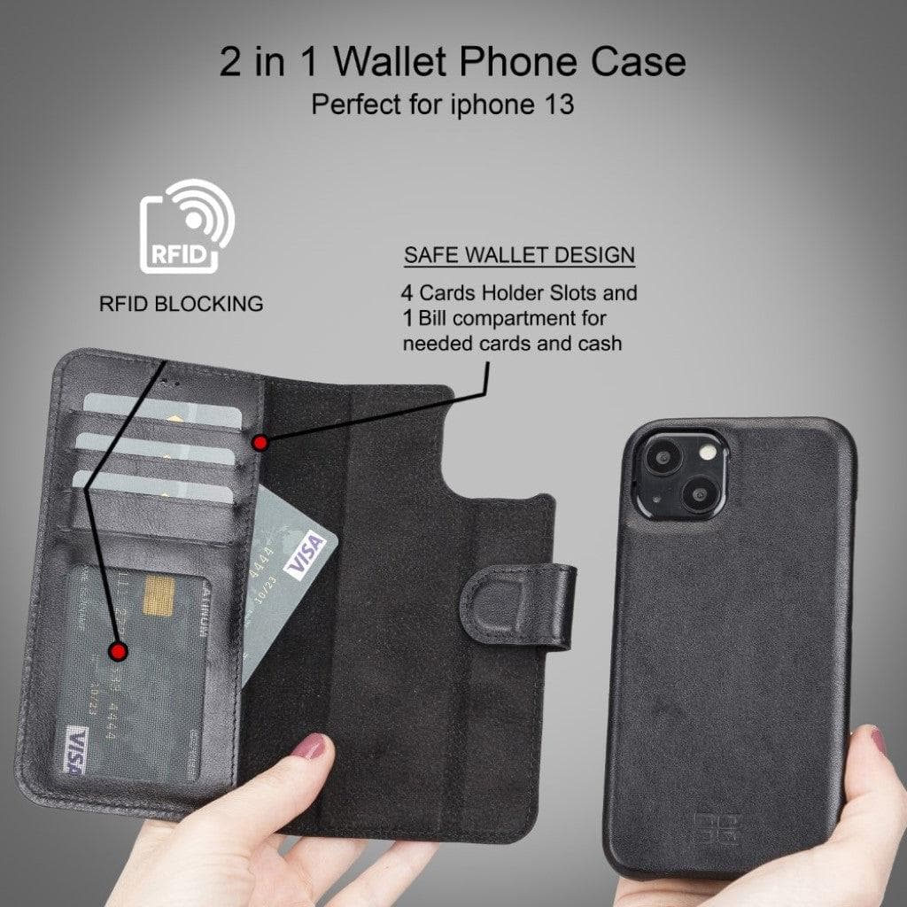 Full Leather Coating Detachable Wallet Case for Apple iPhone 13 Series, showcasing premium leather finish and detachable wallet functionality.