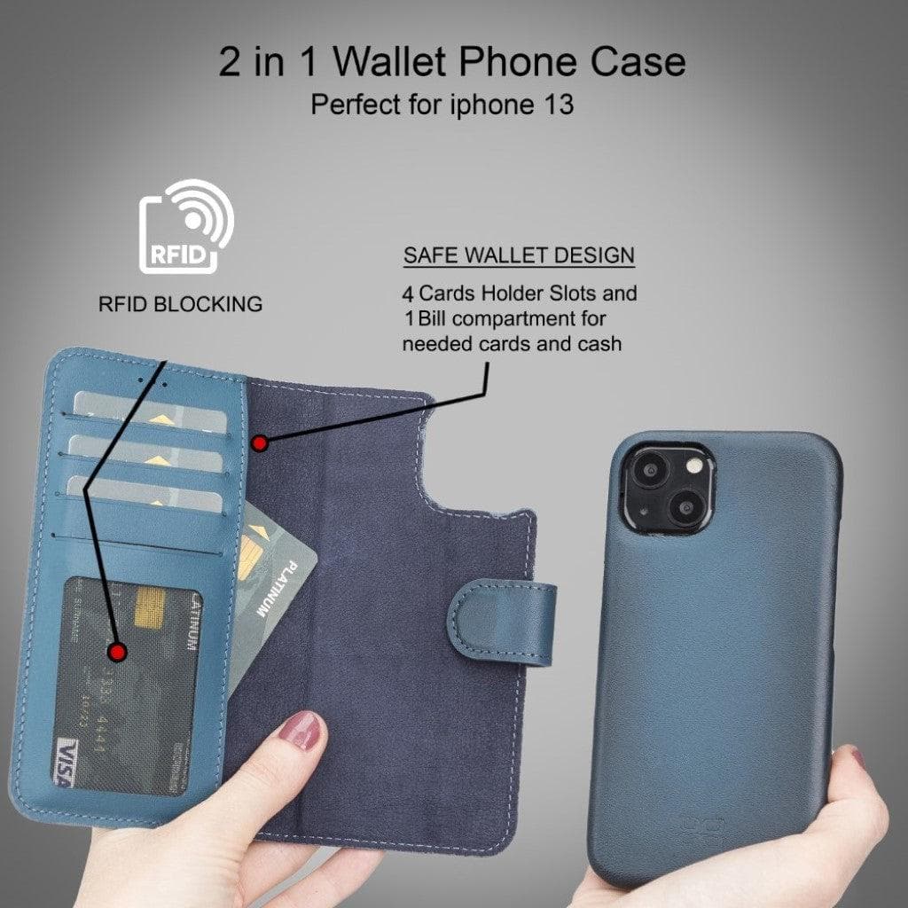 Full Leather Coating Detachable Wallet Case for Apple iPhone 13 Series, showcasing premium leather finish and detachable wallet functionality.