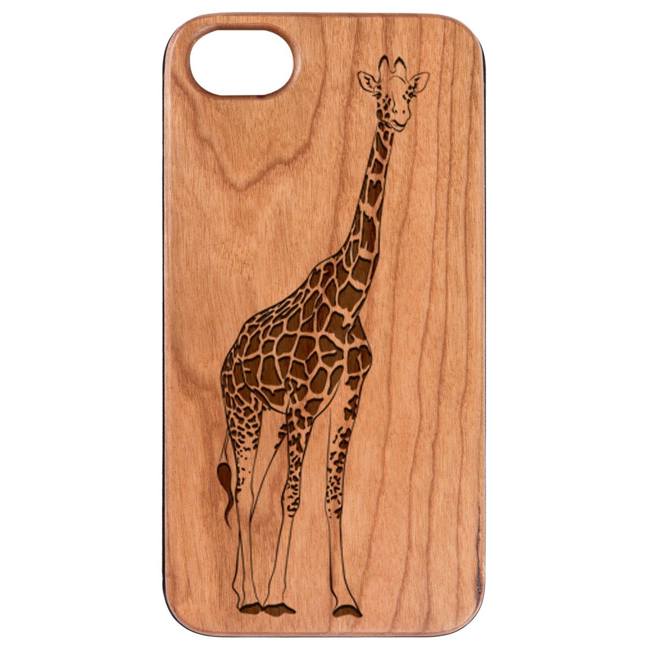 Giraffe Engraved wooden phone case showcasing unique laser-engraved design and natural wood finish.