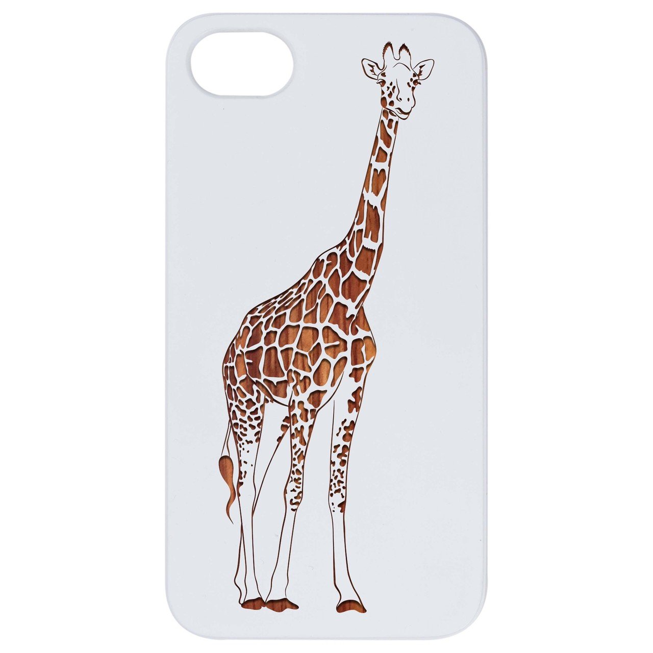 Giraffe Engraved wooden phone case showcasing unique laser-engraved design and natural wood finish.