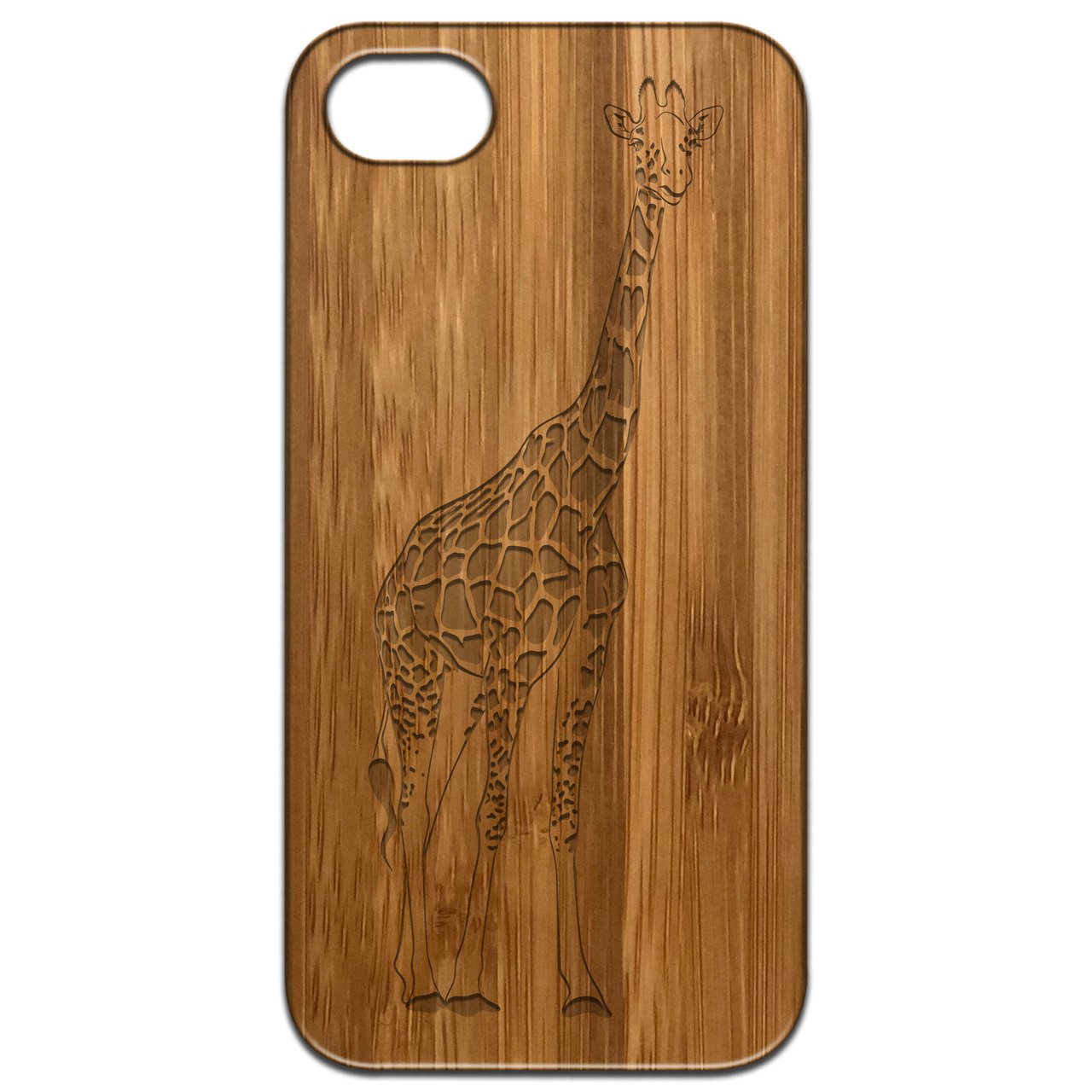 Giraffe Engraved wooden phone case showcasing unique laser-engraved design and natural wood finish.