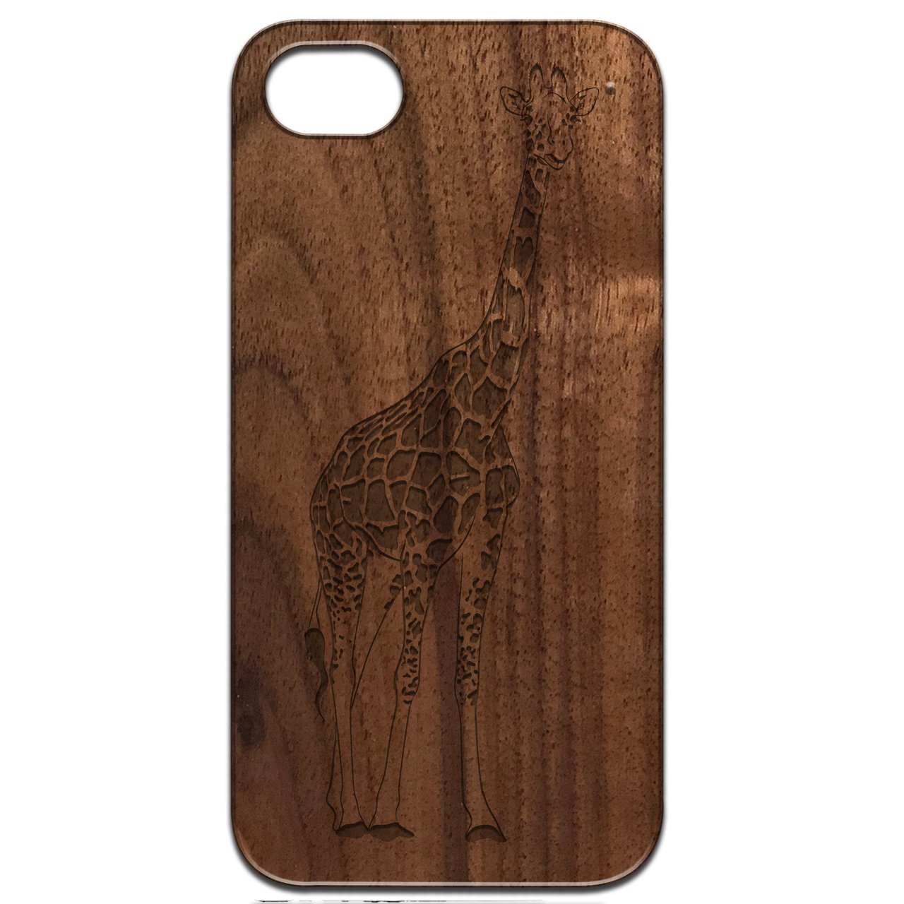 Giraffe Engraved wooden phone case showcasing unique laser-engraved design and natural wood finish.