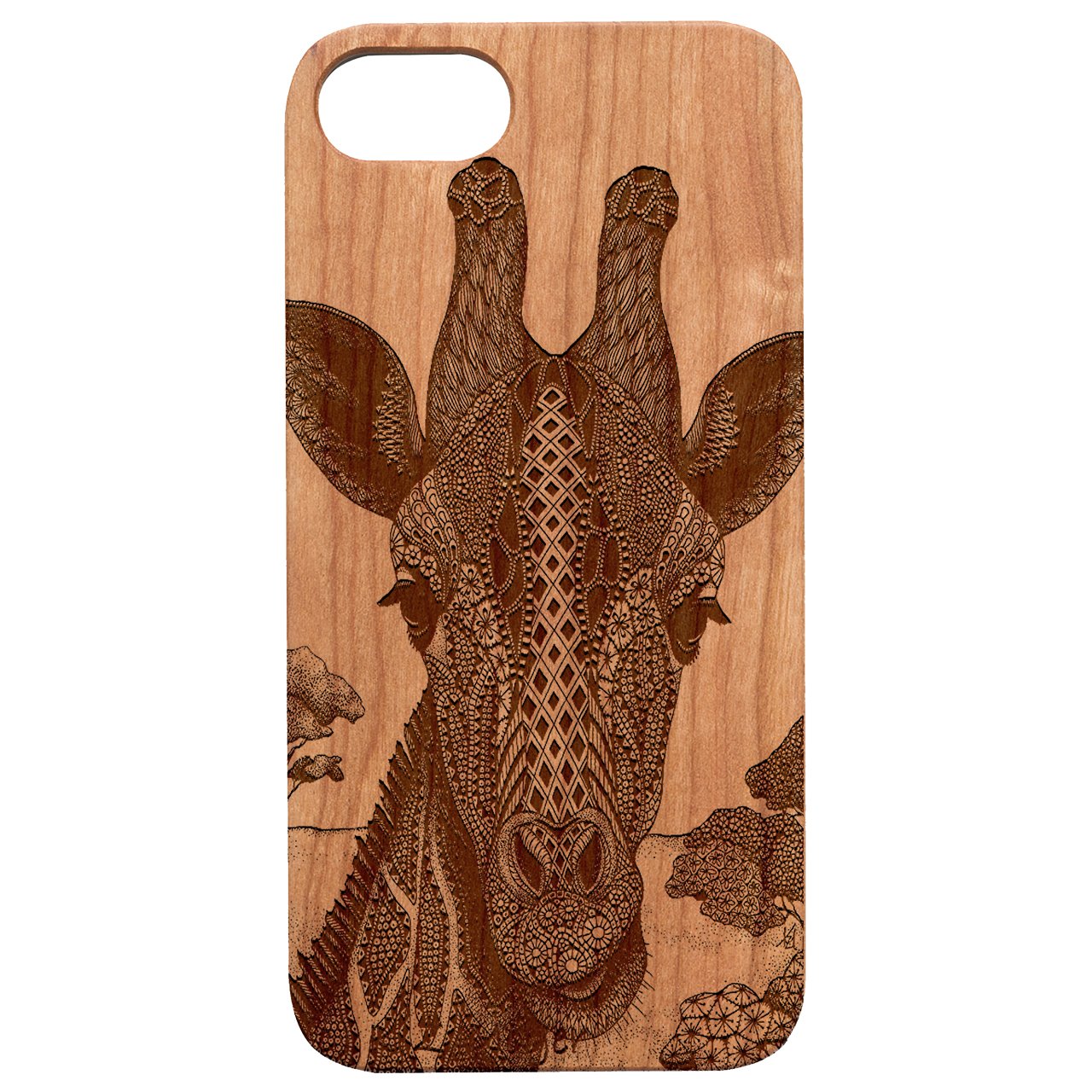 Giraffe Mandala engraved wooden phone case showcasing intricate design and natural wood finish.