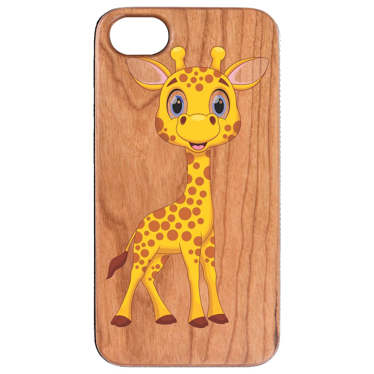 Giraffe UV Color Printed phone case showcasing vibrant designs on a natural wood surface with rubber bumper protection.