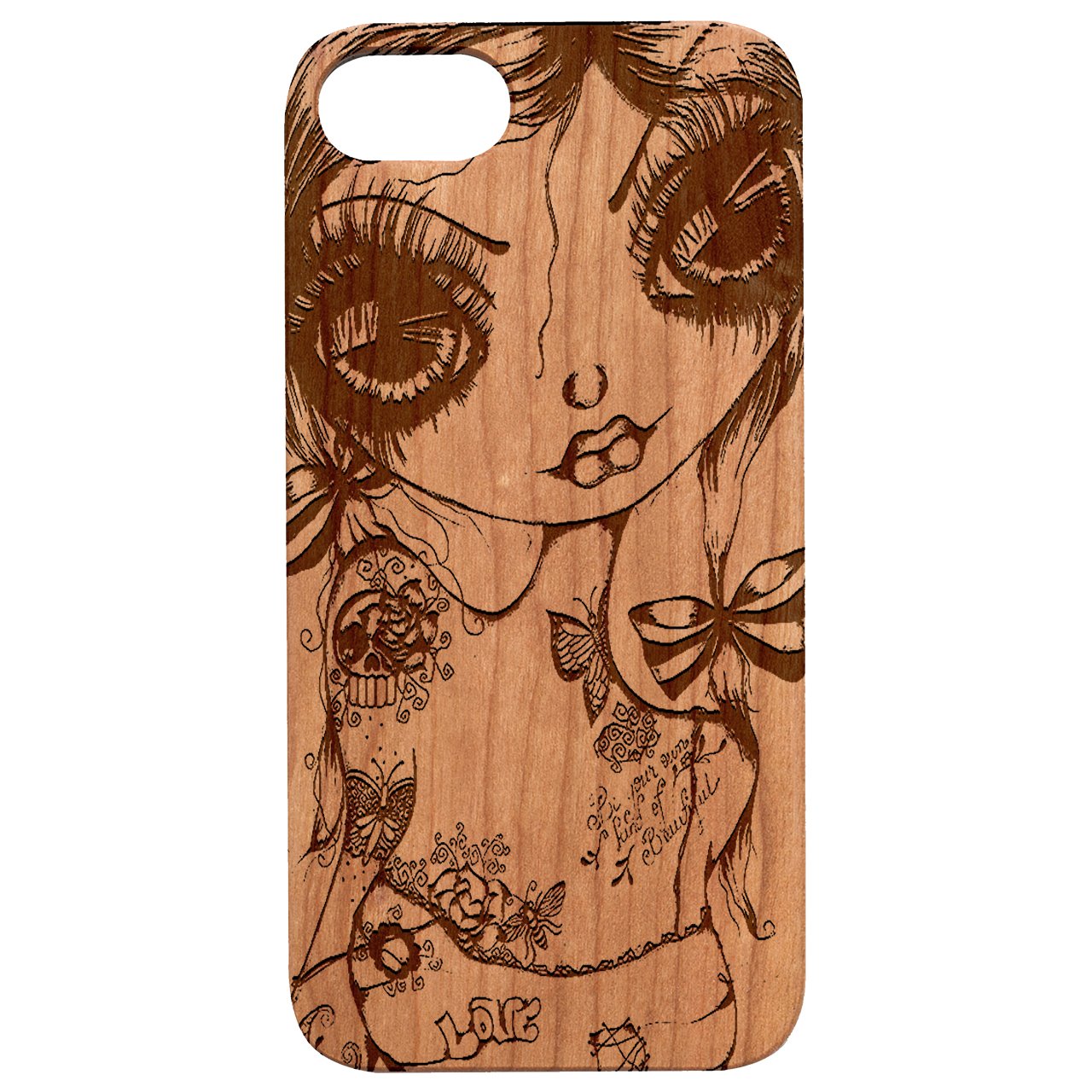 Girl Tattoo Engraved wooden phone case showcasing intricate design and natural wood finish.