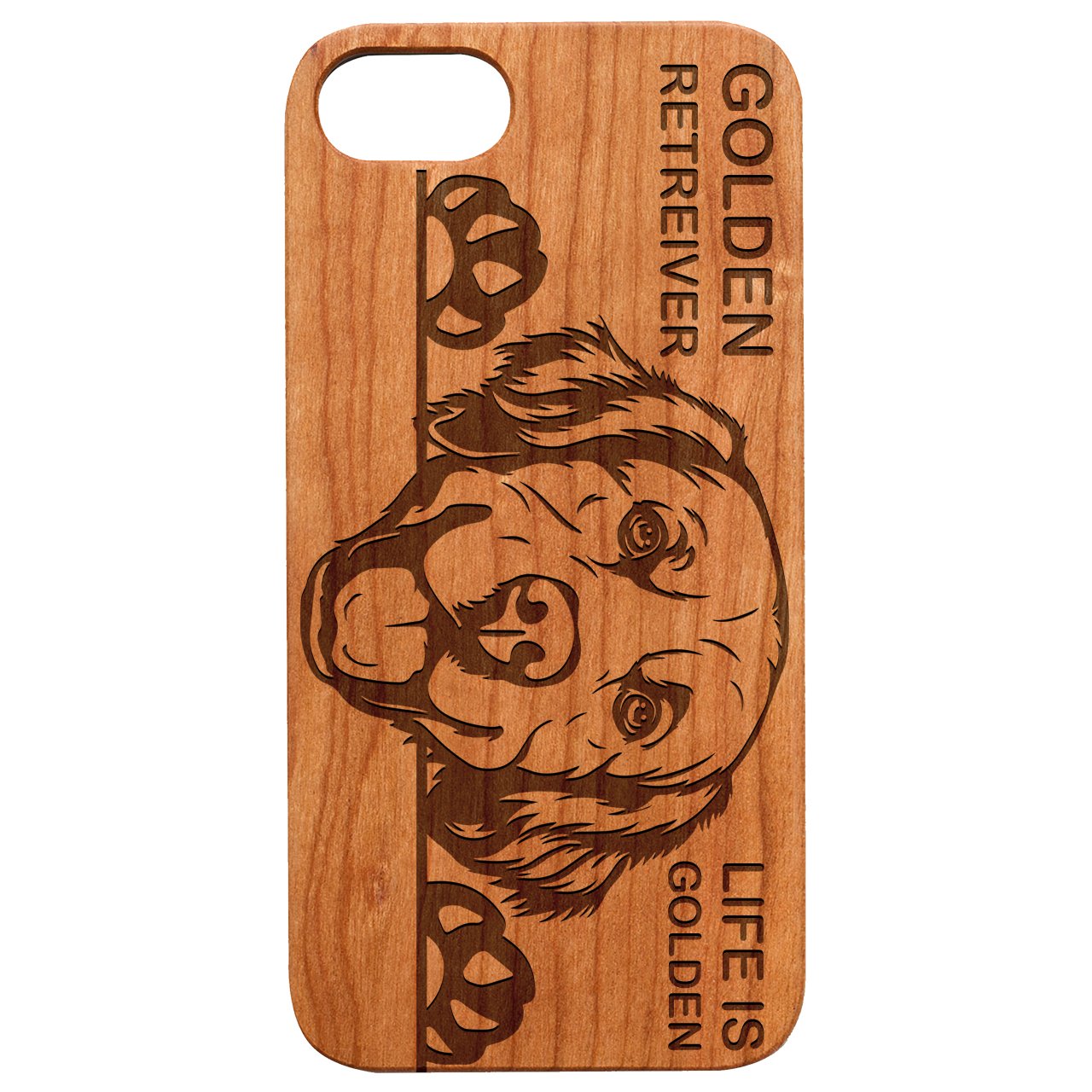 Golden Retriever engraved wooden phone case showcasing intricate design and durable construction.