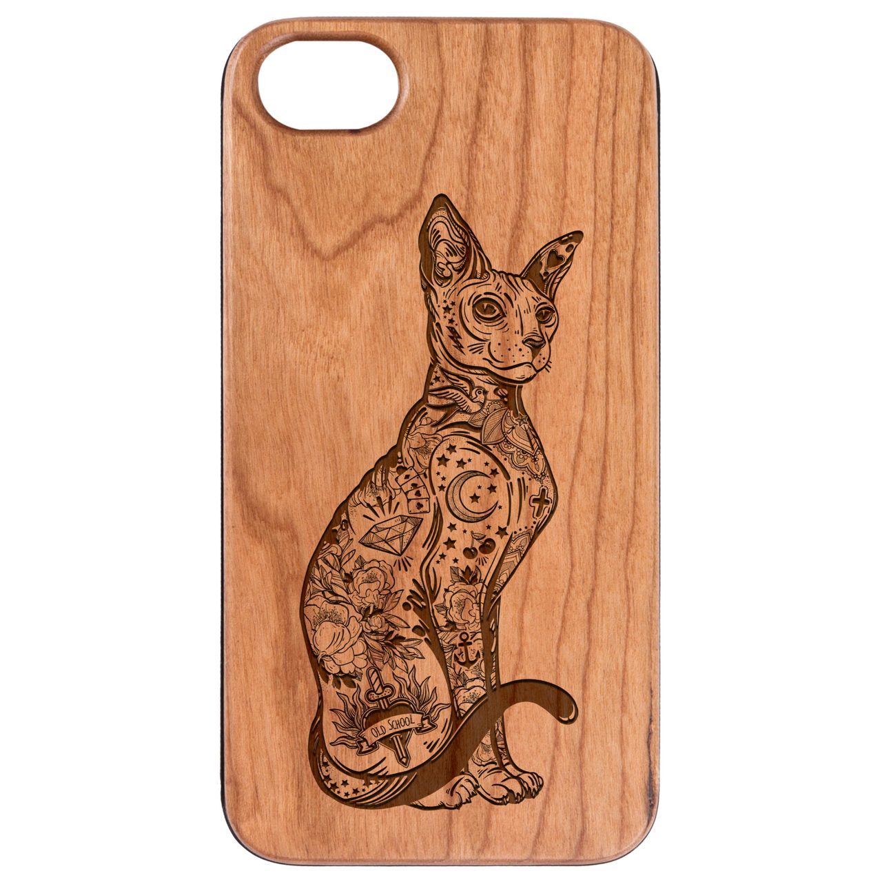 Gothic Cat engraved wooden phone case showcasing intricate design and natural wood finish.