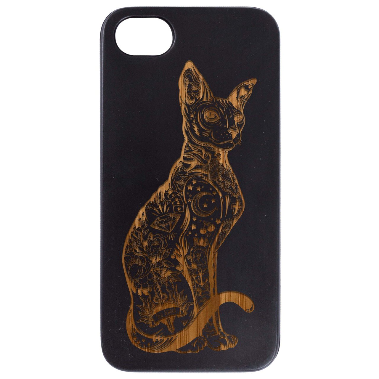 Gothic Cat engraved wooden phone case showcasing intricate design and natural wood finish.