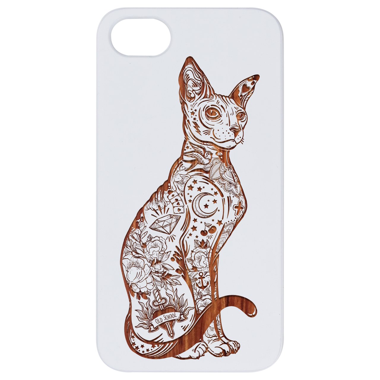 Gothic Cat engraved wooden phone case showcasing intricate design and natural wood finish.