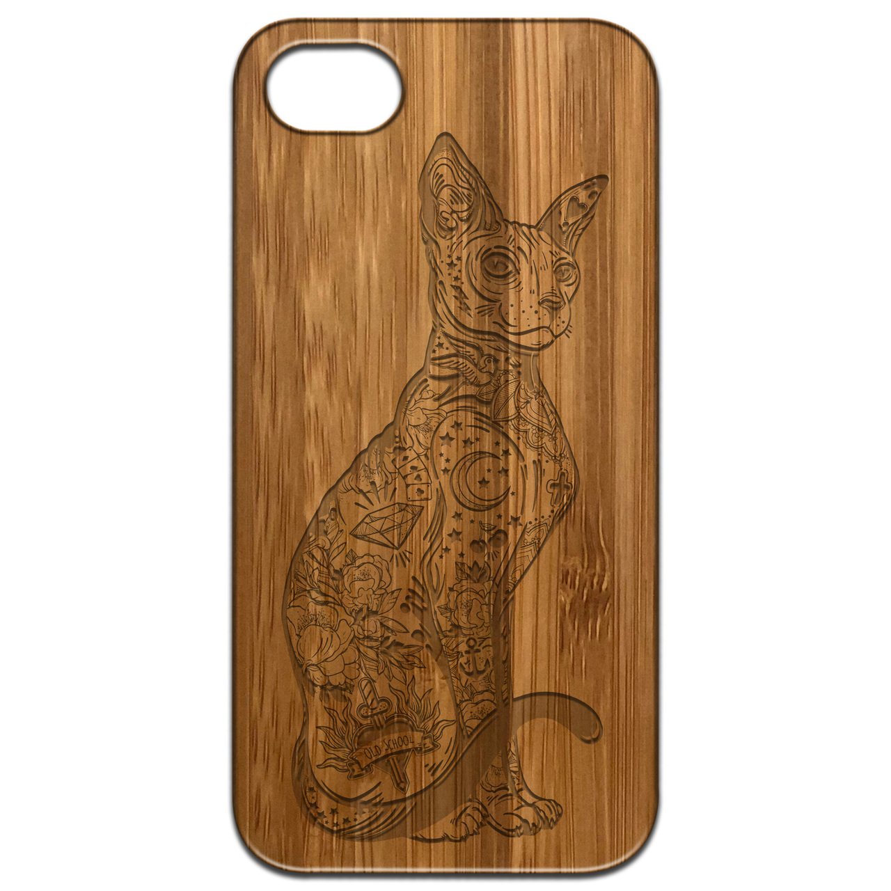 Gothic Cat engraved wooden phone case showcasing intricate design and natural wood finish.