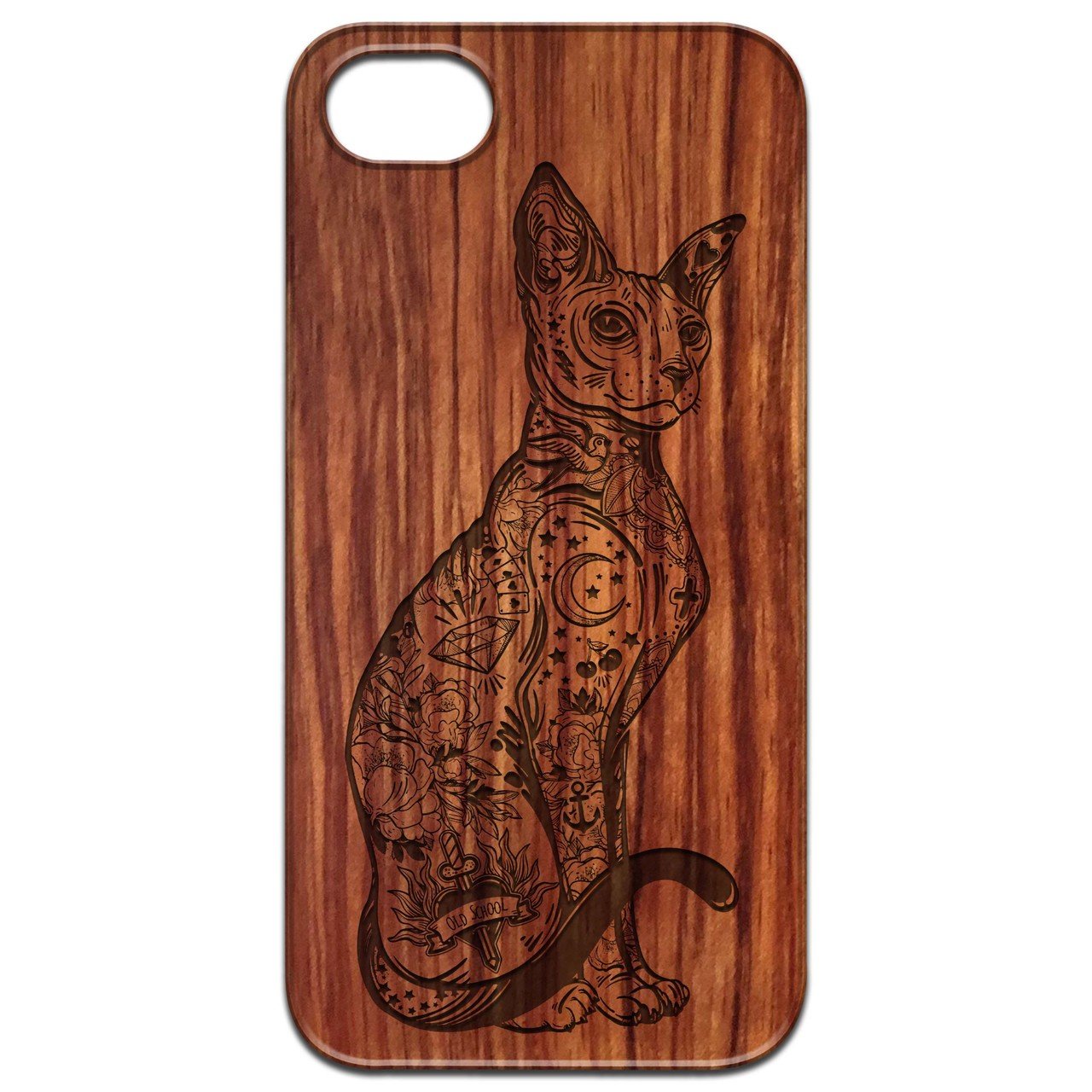 Gothic Cat engraved wooden phone case showcasing intricate design and natural wood finish.