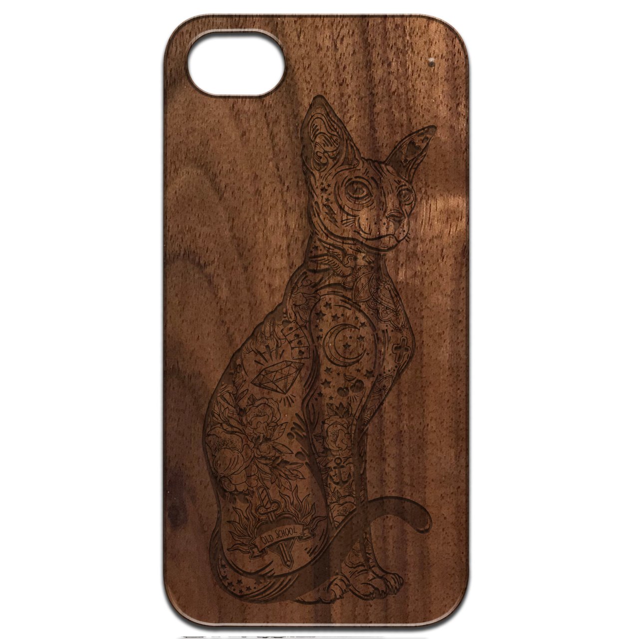 Gothic Cat engraved wooden phone case showcasing intricate design and natural wood finish.