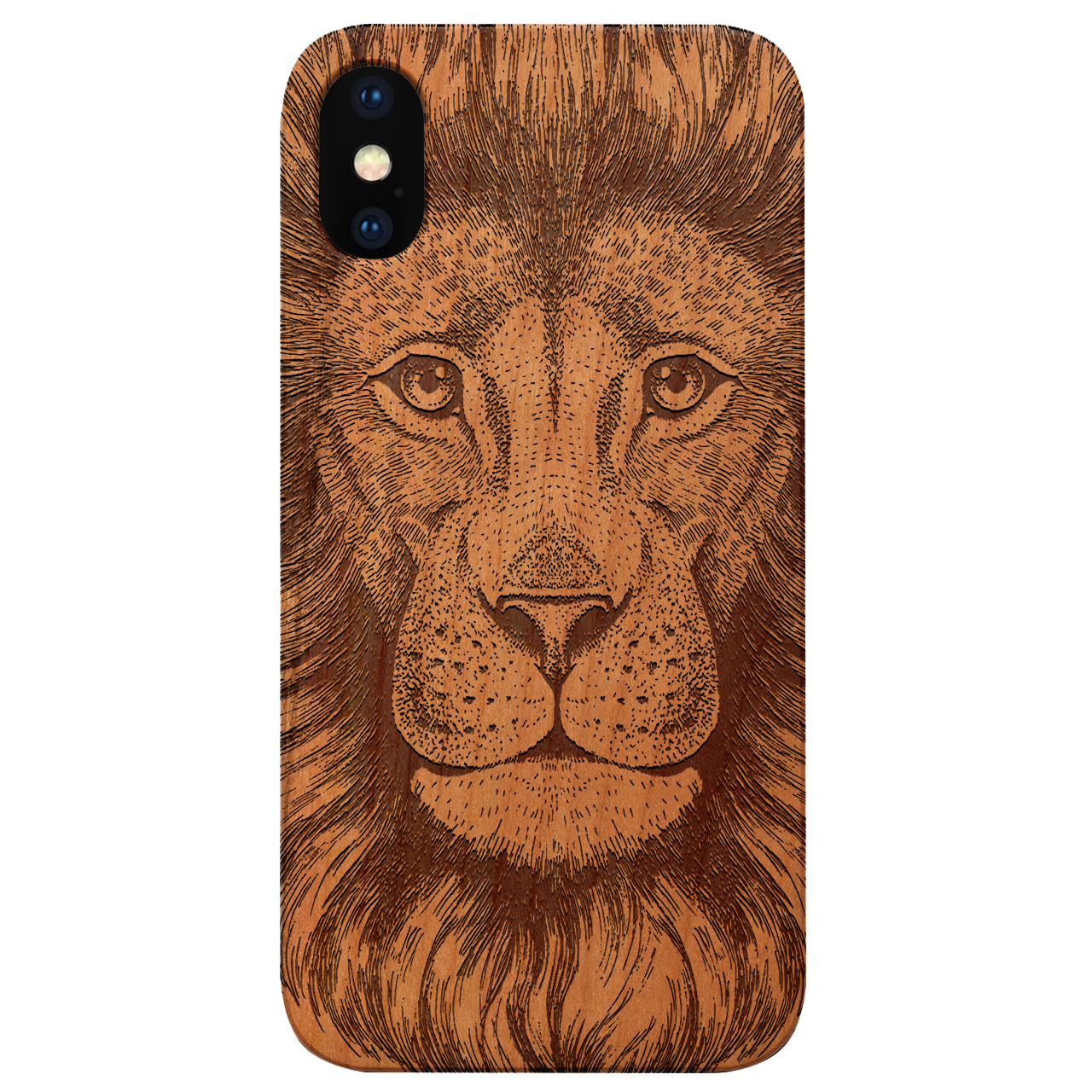 Great Lion Engraved wooden phone case showcasing intricate laser engraving and natural wood finish, designed for iPhone and Samsung models.