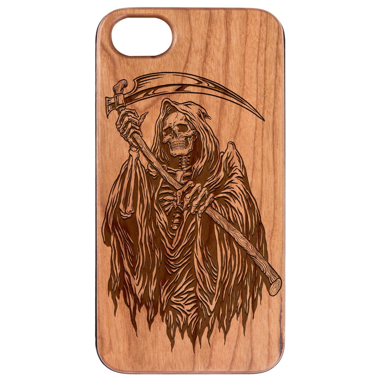 Grim Reaper engraved wooden phone case showcasing intricate design and natural wood finish.