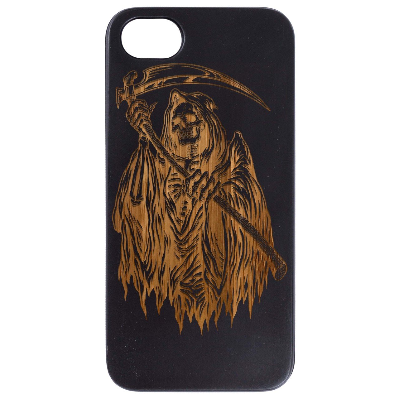 Grim Reaper engraved wooden phone case showcasing intricate design and natural wood finish.