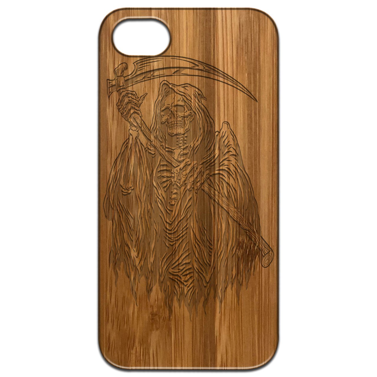 Grim Reaper engraved wooden phone case showcasing intricate design and natural wood finish.