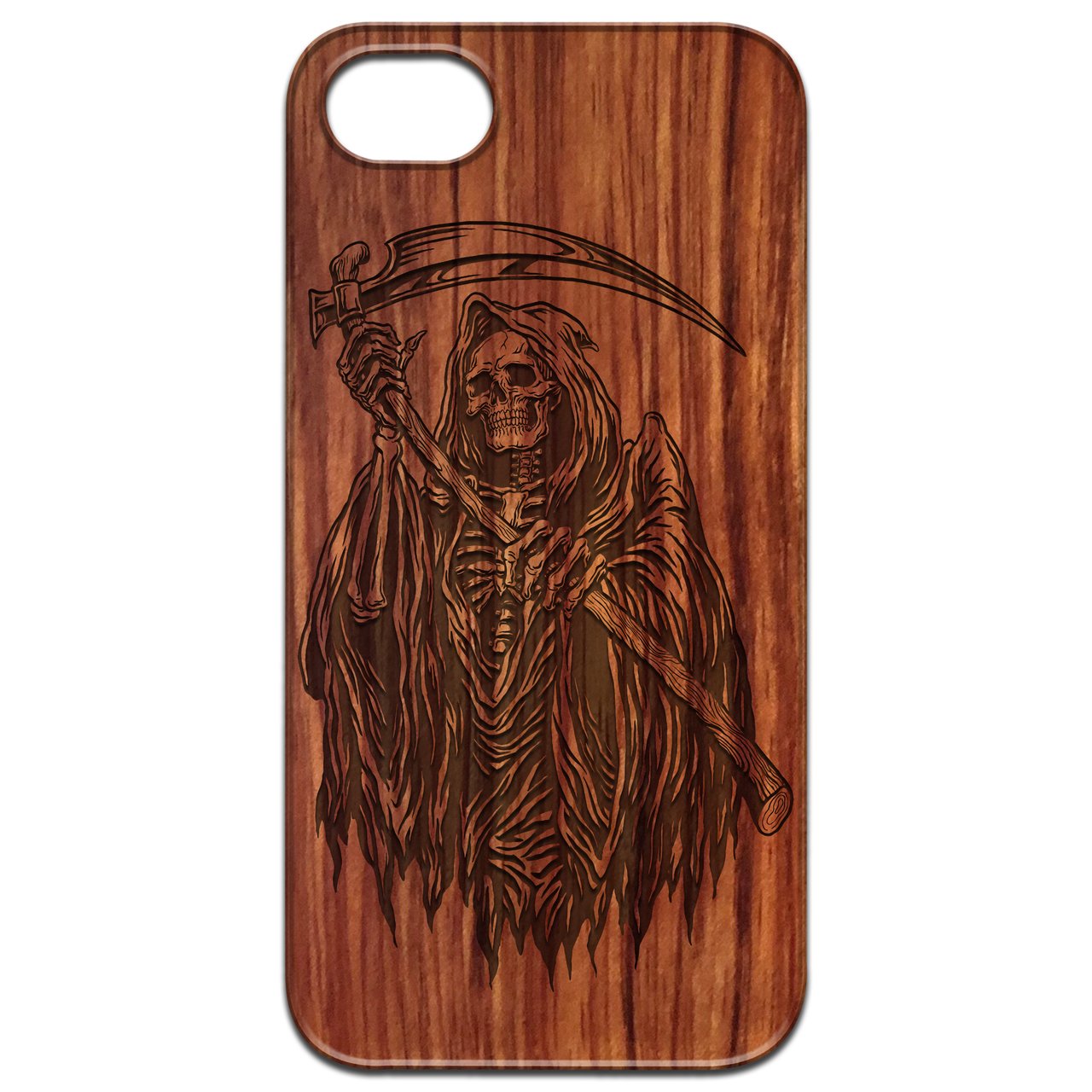 Grim Reaper engraved wooden phone case showcasing intricate design and natural wood finish.