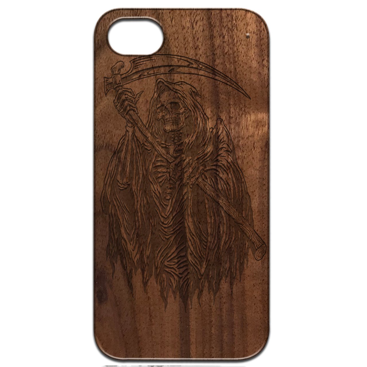 Grim Reaper engraved wooden phone case showcasing intricate design and natural wood finish.