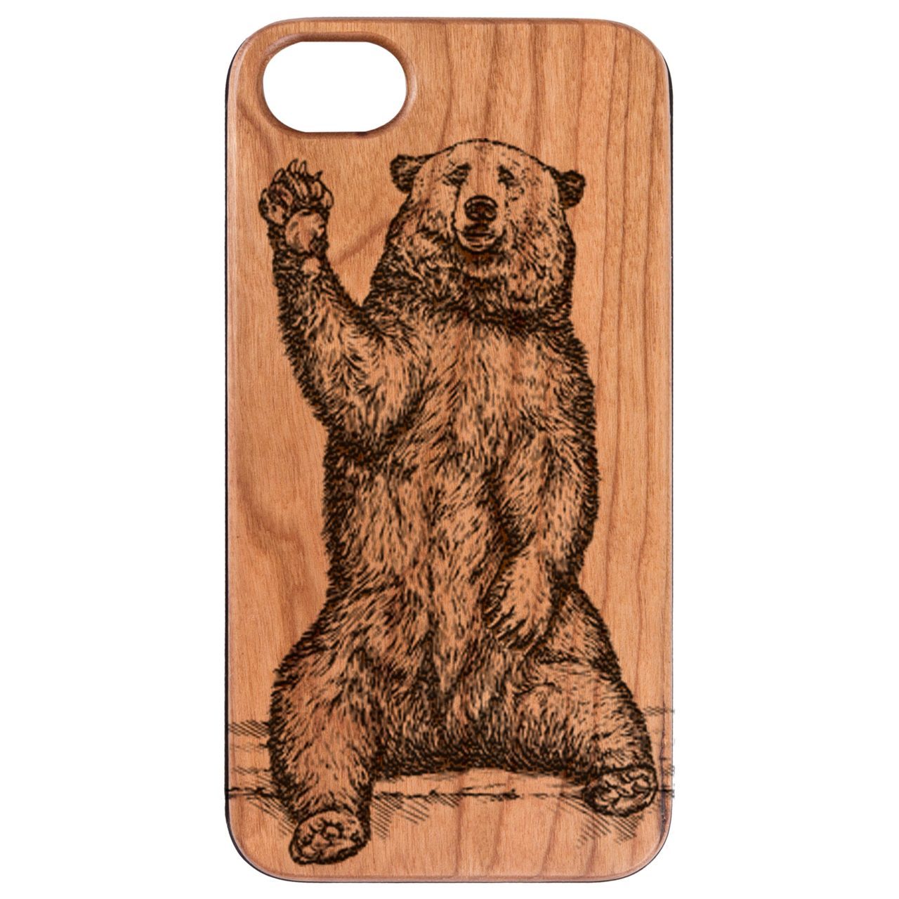 Grizzly Bear Engraved wooden phone case showcasing intricate design and natural wood finish.