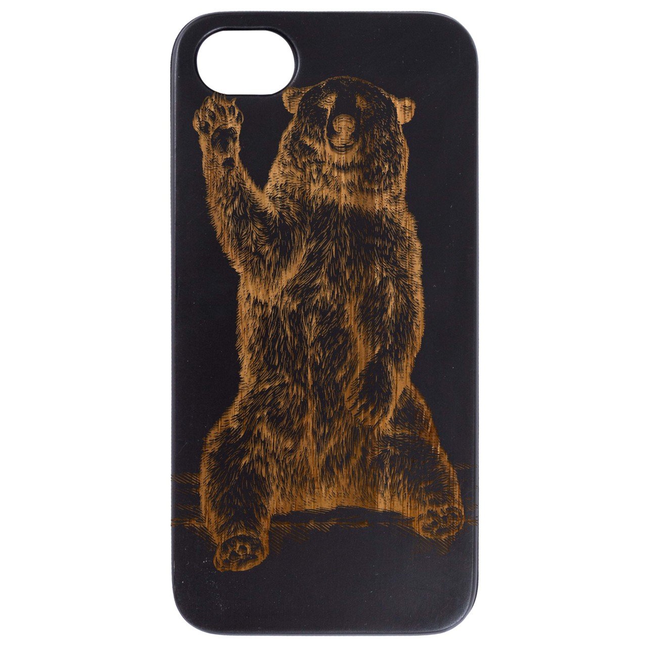 Grizzly Bear Engraved wooden phone case showcasing intricate design and natural wood finish.