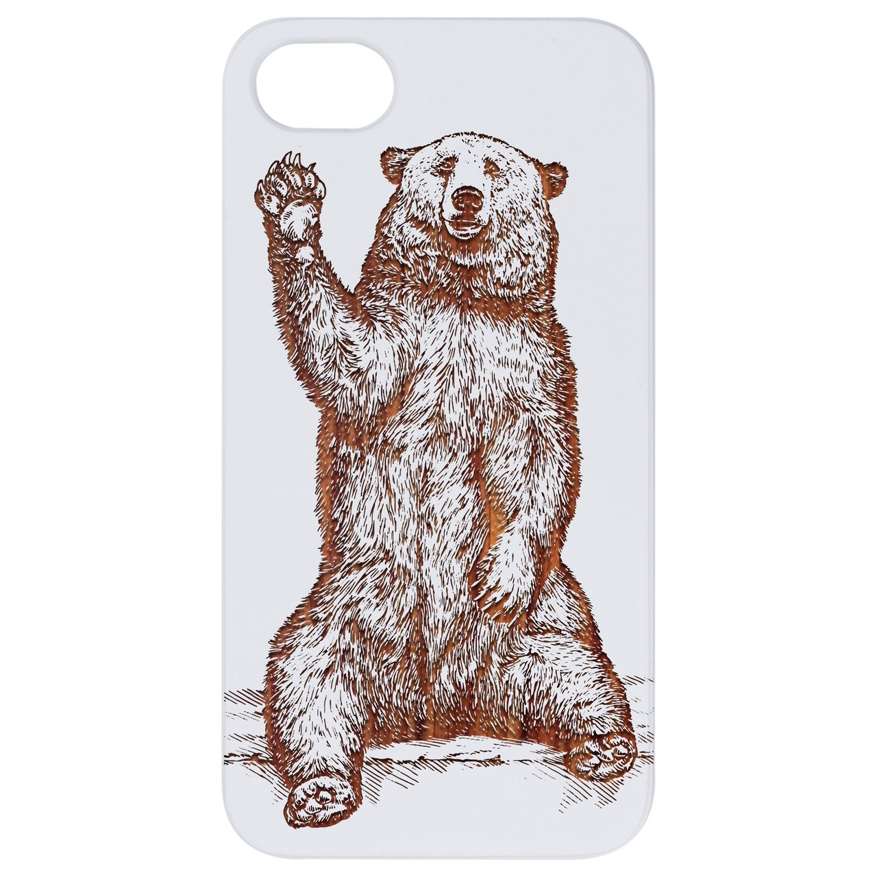 Grizzly Bear Engraved wooden phone case showcasing intricate design and natural wood finish.