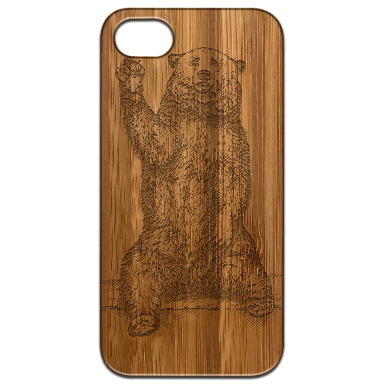 Grizzly Bear Engraved wooden phone case showcasing intricate design and natural wood finish.