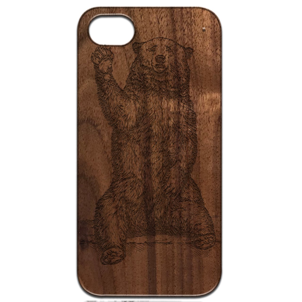 Grizzly Bear Engraved wooden phone case showcasing intricate design and natural wood finish.