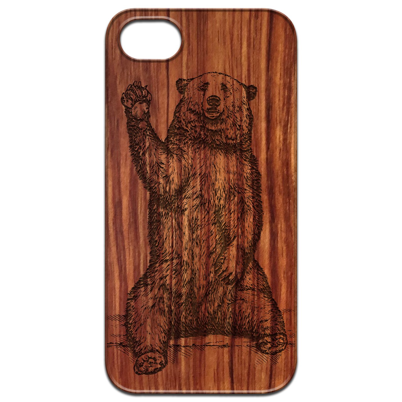 Grizzly Bear Engraved wooden phone case showcasing intricate design and natural wood finish.