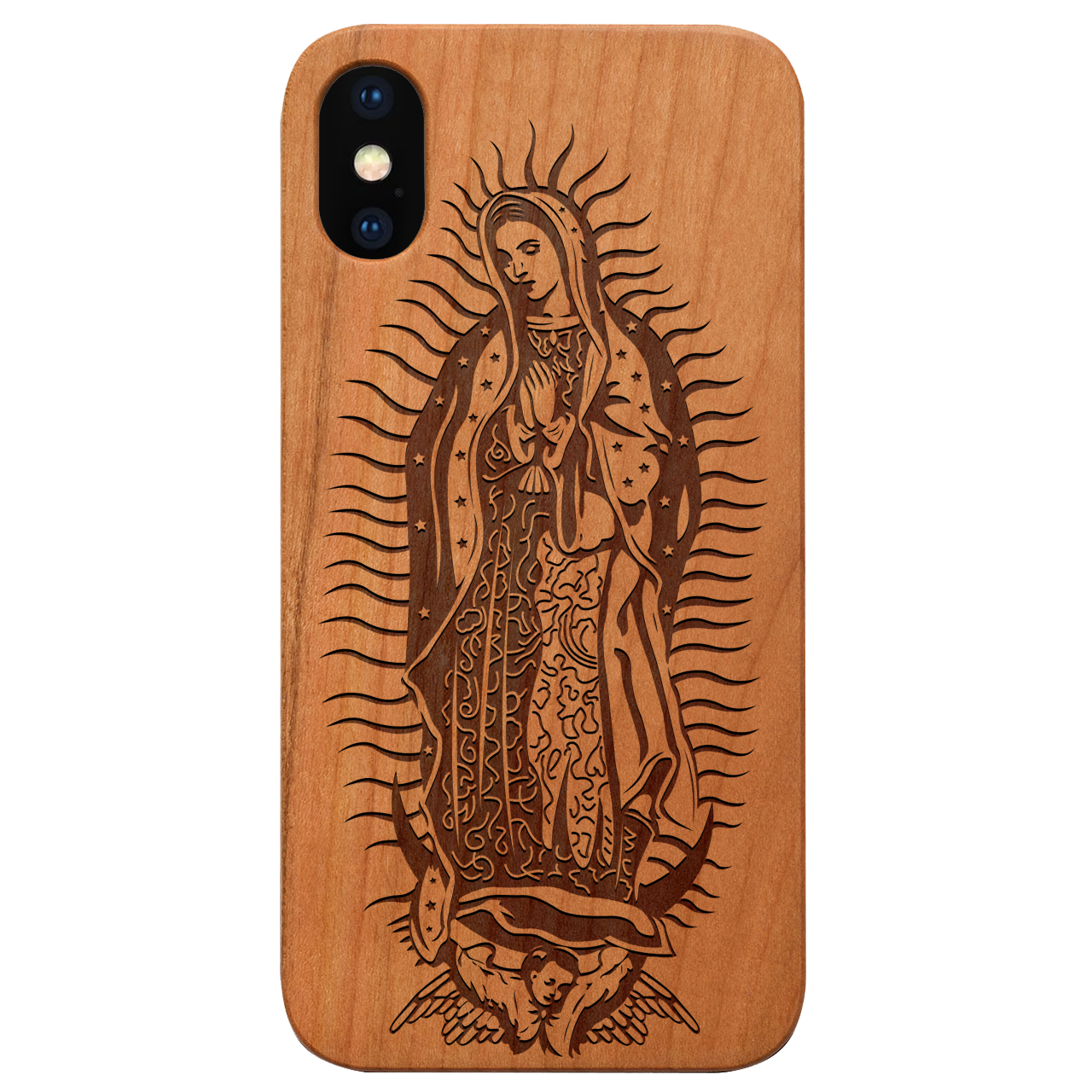 Guadalupe Engraved wooden phone case showcasing intricate laser-engraved designs and natural wood finish.