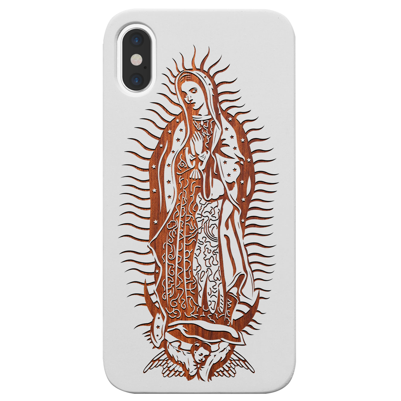 Guadalupe Engraved wooden phone case showcasing intricate laser-engraved designs and natural wood finish.