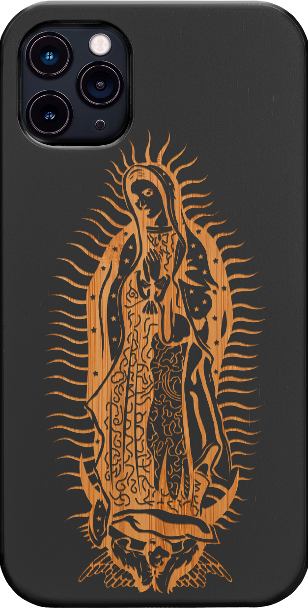 Guadalupe Engraved wooden phone case showcasing intricate laser-engraved designs and natural wood finish.