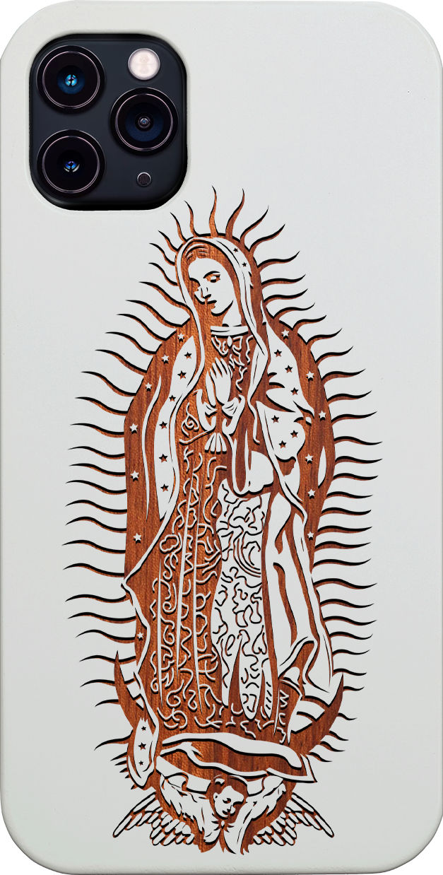 Guadalupe Engraved wooden phone case showcasing intricate laser-engraved designs and natural wood finish.