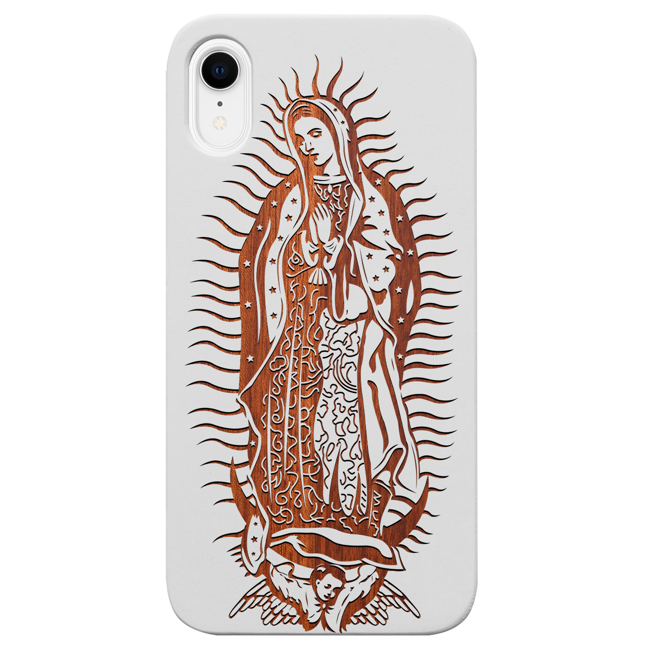 Guadalupe Engraved wooden phone case showcasing intricate laser-engraved designs and natural wood finish.