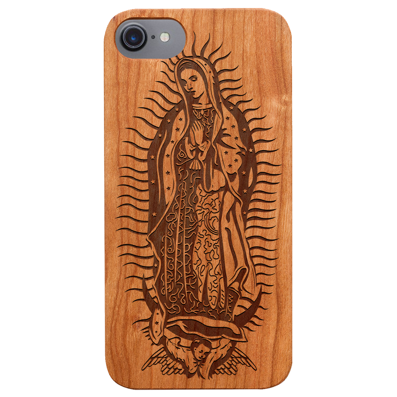 Guadalupe Engraved wooden phone case showcasing intricate laser-engraved designs and natural wood finish.