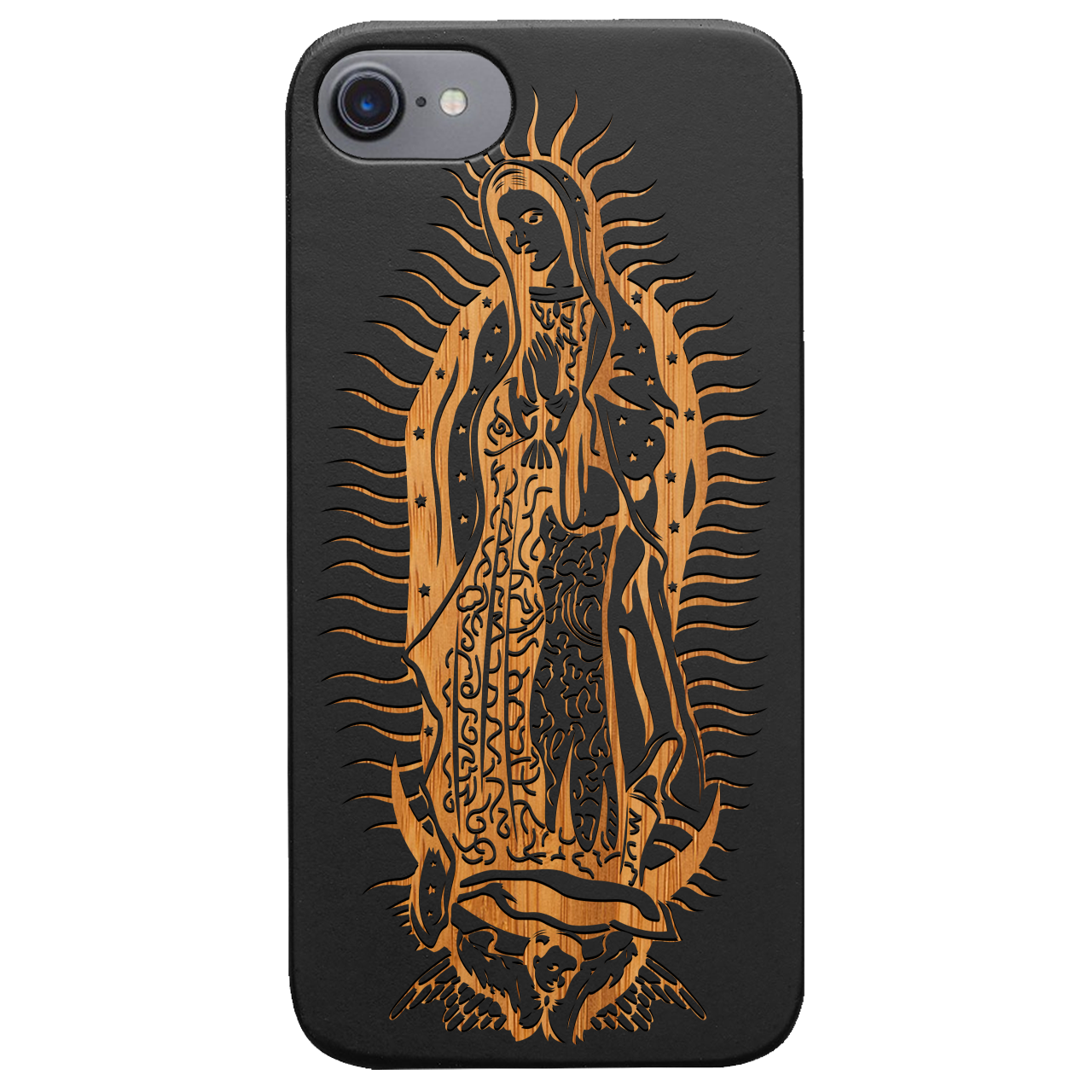 Guadalupe Engraved wooden phone case showcasing intricate laser-engraved designs and natural wood finish.