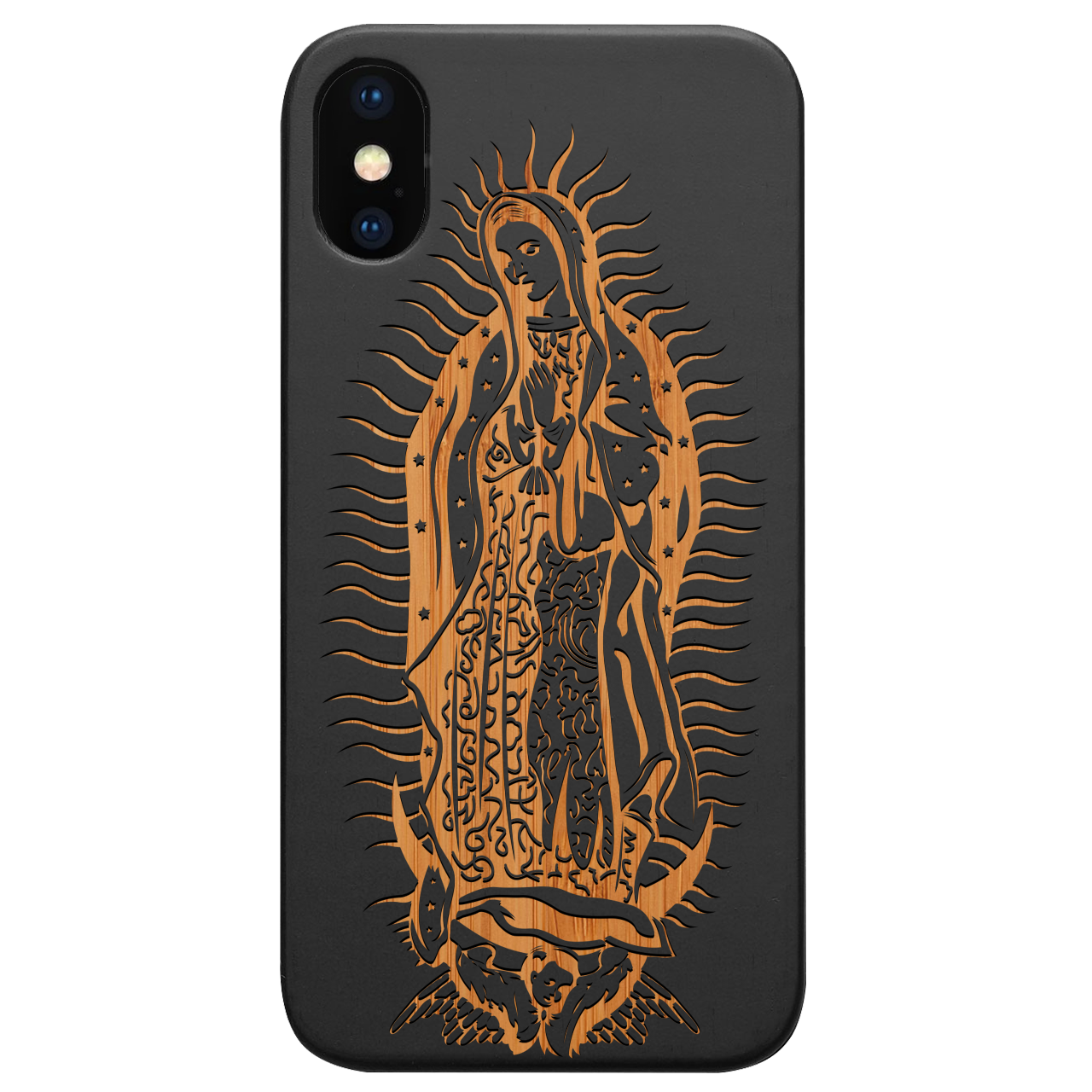 Guadalupe Engraved wooden phone case showcasing intricate laser-engraved designs and natural wood finish.