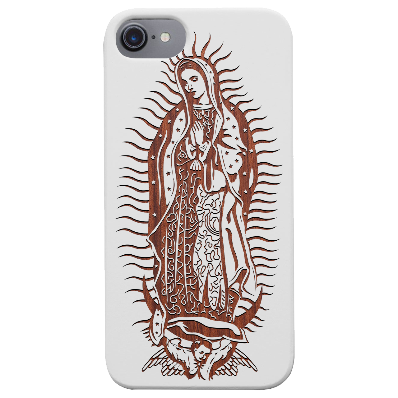 Guadalupe Engraved wooden phone case showcasing intricate laser-engraved designs and natural wood finish.