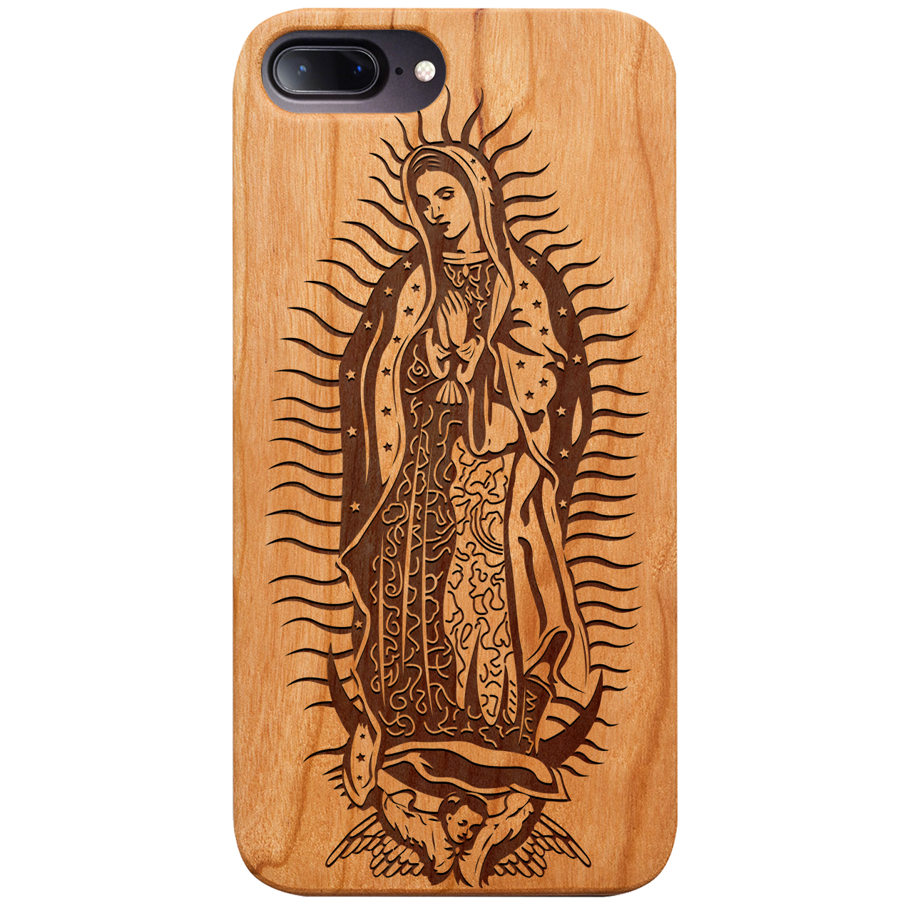 Guadalupe Engraved wooden phone case showcasing intricate laser-engraved designs and natural wood finish.