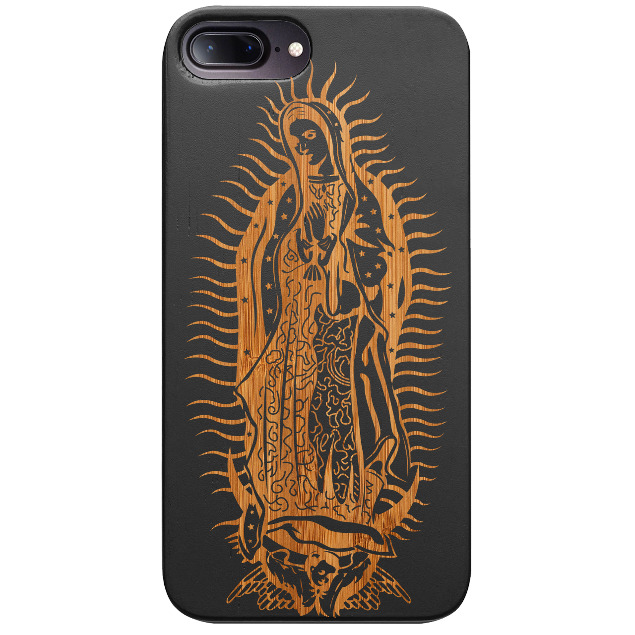 Guadalupe Engraved wooden phone case showcasing intricate laser-engraved designs and natural wood finish.